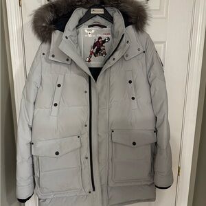 Moose Knuckles Light Gray Puffer Jacket with Fur Hood